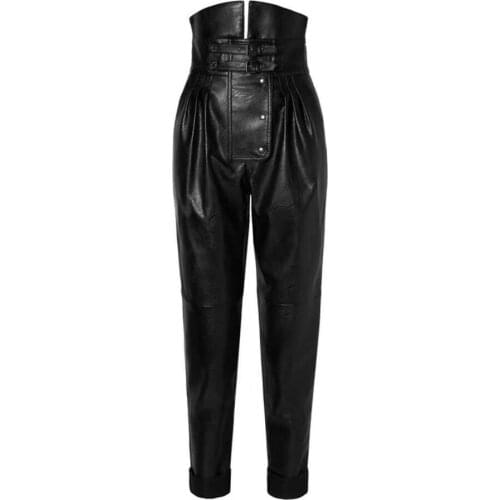 2020 spring fashion full length pleated leather pants women High waist was pu leather Pants with belt