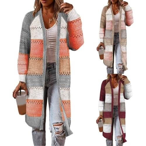 Women Autumn Long Sleeve Hollow Out Knitted Cardigan Color Block Stripes Patchwork Open Front Sweater Coat Knee Length Casual Lo