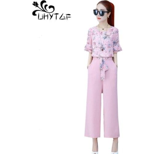 UHYTGF Women summer two piece set fashion chiffon printing top+wide-leg pants sets female loose elegant plus size tracksuit 1103