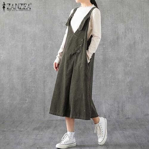 Casual Overall Dress Womens Corduroy Sundress ZANZEA 2021 Spring Sleeveless Split Midi Vestidos Female V Neck Robe Plus Size 7