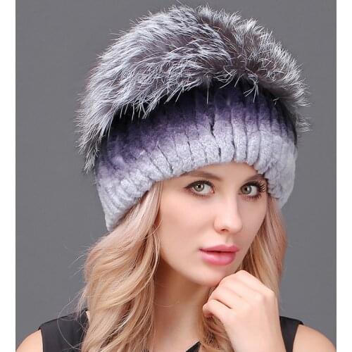 Winter Rex Rabbit Fur Hat For Women With Fox Fur Pom Poms Top Knitted Beanies Fur Hats Fashion Winter Warm Women Caps