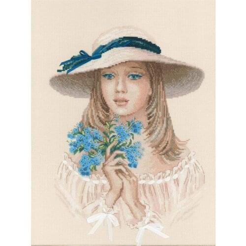 100% egypt cotton Sell Counted Cross Stitch Kit Forget Me Not Beautiful Girl Lady Woman with Blue Flowers riolis 100/045