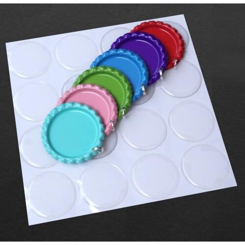 100 Pcs Colored Flattened Bottle caps With Holes and Rings+100 pcs Clear Epoxy Bottle Cap Seal Stickers For DIY Jewelry Crafts