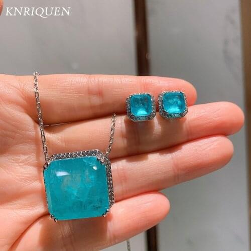 2021 New 925 Sterling Silver Square Paraiba Tourmaline Aquamarine Lab Diamond Pendant Necklace Wedding Jewelry Anniversary Gift