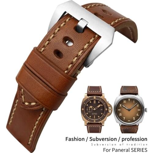 26mm 24mm Handmade Wild Genuine Leather Calfskin Watch Strap Fit for Panerai Soft Durable Watchband Wristband Free Tools for Men