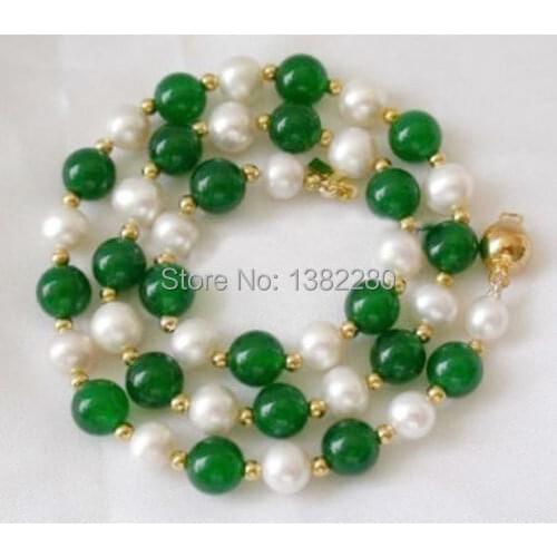 7-8mm White Akoya Pearl Green chalcedony Round Beads Necklace 2 piece/lot fashion Women jewelry gift Accessories 18" JT5599