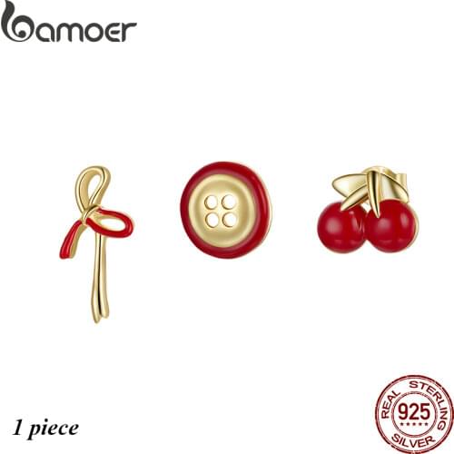 BAMOER 1PC Ear Stud 925 Sterling Silver Earrings Red Enamel Ear Piercing Hypoallergenic Bowknot Star Button and Cherry SCE1058