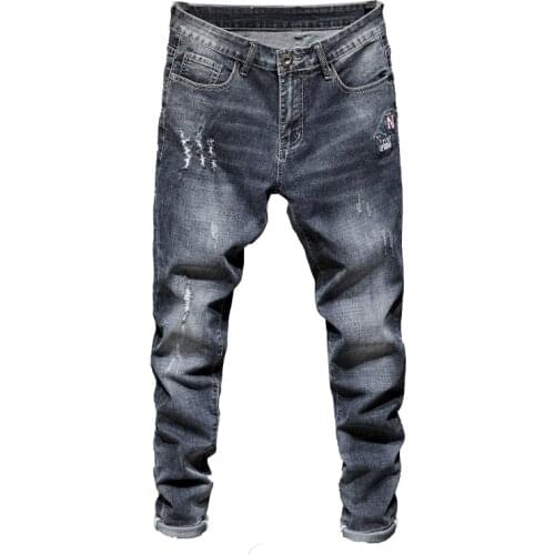Biker Jeans Men Dark Blue Stretch Slim Fit Ripped Distressed Streetwear Denim Pants Casual Retro Man Trousers Hiphop Jean Homme