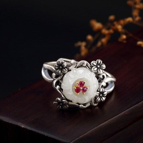 Silver S925 pure silver natural Hetian jade white jade mosaic plum blossom lady retro high grade ring ring wholesale