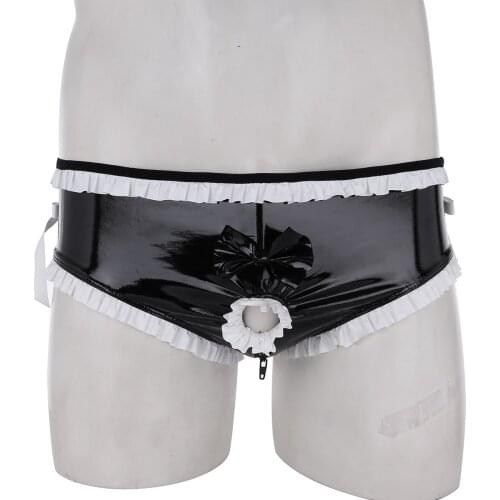 Men Open Penis Hole Crotchless Sissy Panties Sexy Lingerie Gay Porn Underwear Black Faux Leather Ruffle Bowknot Bikini Briefs