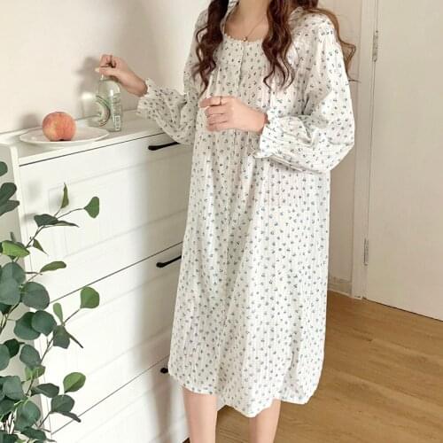 Floral Print Autumn Nightgown Women Korean Square Collar Cotton Long Sleepwear Loose Home Clothes Buttons Homewear Casual