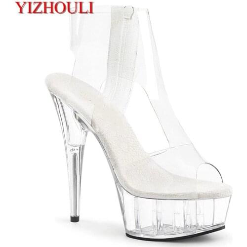 New summer, 15 cm heel boots, fully transparent glass, zipper openings, model stage show party ankle boots