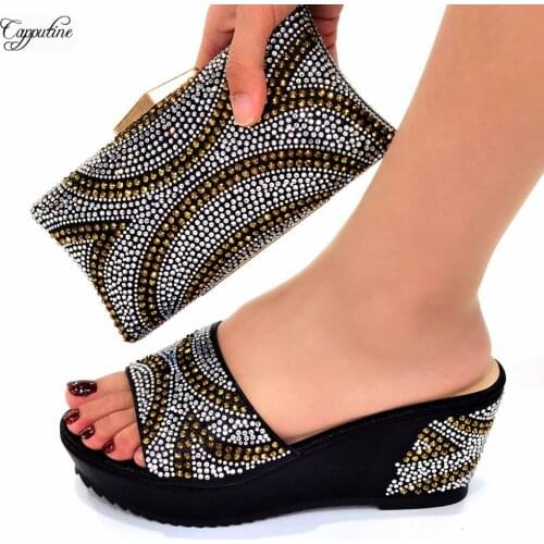 New Black Women Shoes And Bag Set to Match African Ladies Wedge Heels Platform Pumps With Purse Handbag For Party CR665 8CM