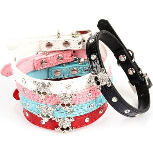 Halloween Skull Rhinestone Puppy Cat Collar Accessories Adjustable Pet Dog Collar Bright Crocodile Pattern PU Dog Chain