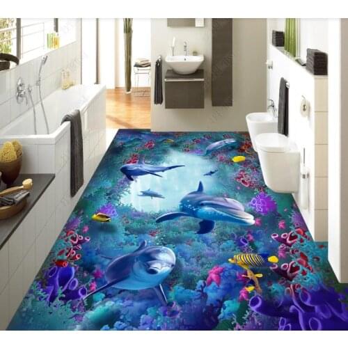 Custom 3D Floor Mural Ocean World Seaweed Coral Dolphin living room bedroom bathroom 3D Floor PVC Self-adhesive Waterproof