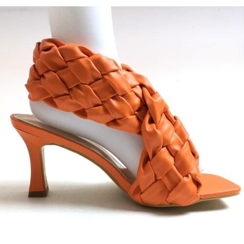 Spring Summer Womens Braided sandals Slingback Woven Square Toe High Heels Cross Band Casual Shoes Female Footwear
