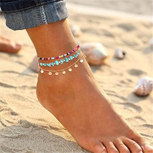 Modyle New 3pcs/set Bohemian Sequin Anklet For Women Charm Colorful Beads Natural Stone Anklet Fashion Jewelry