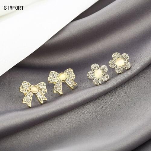 Womens 925 Silver Pin Earing Cats Eye Diamond Bow Flower Fashion Elegant Simple Personality Alloy Decoration Jewelry Gift