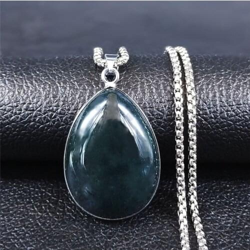 Vintage Water Drop Natural Stone Stainless Steel Natural Stone Necklace Silver Color Big Necklace Jewelry bijoux femme N4520S04