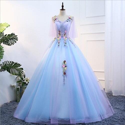 New Quinceanera Dresses With Appliques Flowers Blue 15 Anos Party Prom Gown V Neck Sexy Luxury Vestidos De Fiesta Años 2021