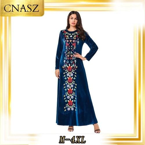 Vetement Femme 2019 Comfortable Lrge Size Women Abaya Dubai Plant Embroiderd Long Sleeve Musulman Robe Dress