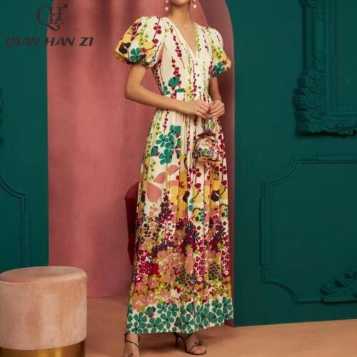 Qian Han Zi New Designer Runway Fashion Summer Dress Womens V-neck Slim belt vintage long Flowers printing dress