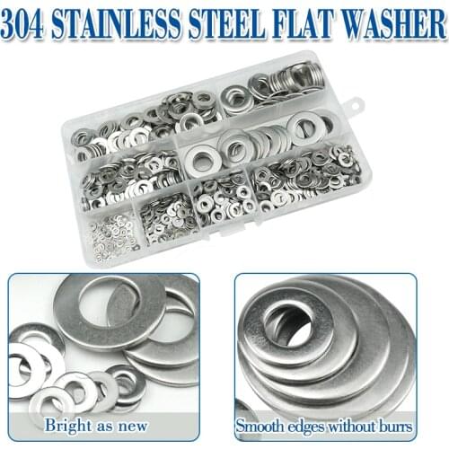 1010pcs Washer Set M2 M3 M4 M5 M6 M8 M10 M12 Stainless Steel Washer Flat Washers Ring Plain Washer Gaskets Assortment Kit GB97
