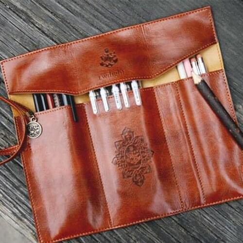 Roll pencil case retro bundled three-fold leather large-capacity pencil case student pencil PU fabric pencil case stationery bag