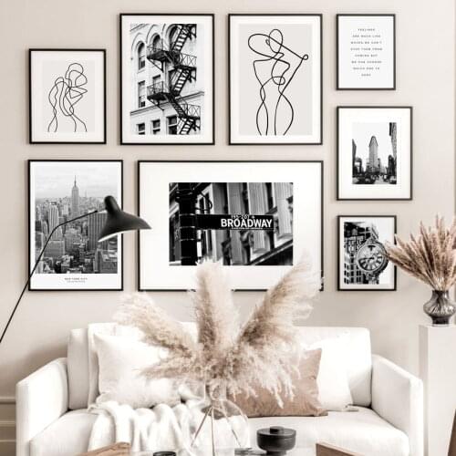 Black and White Wall Art New York City Street Landscape Time Clock Abstract Line Body Canvas Painting Nordic Home Decor Picture