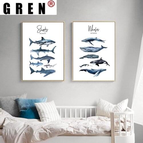 GREN Nordic Marine Life Blue Whale Shark Canvas Painting Wall Art Print Poster Picture Modern fashion Bedroom Home Decor