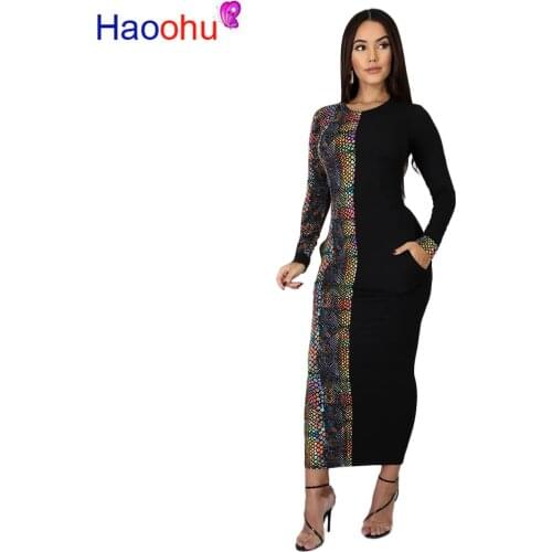 HAOOHU Sexy Colorful Snake Print Long Maxi Dress Women Fall Winter Vestidos Pocket Plus Size Elegant Night Party Club Dresses