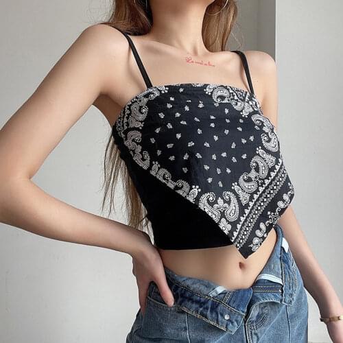 Crop Top Women Sexy Sleeveless Tank Top Summer Short Tanks Camis Paisley Print Spaghetti Strap Irregular Scarf Vest Crop Tops
