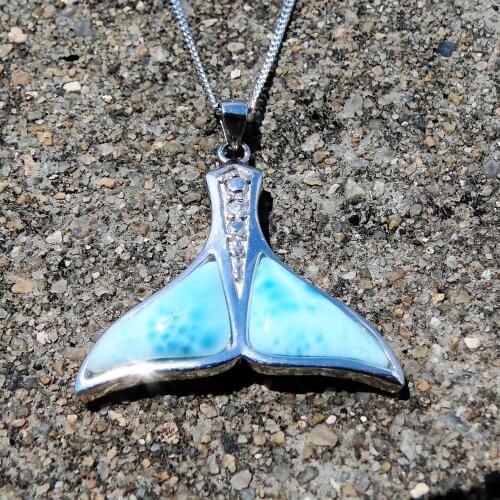 Hot Selling Beautiful 925 Sterling Silver Natural Dominca Larimar Whale Tail Pendant Necklace For Gift