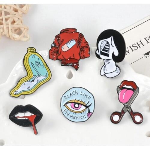 Trendy Lapel Pin Stair face woman Red medicine coat Enamel Brooches Table Pretty eye Black lip Scissors Cut Tongue Badge Jewelry