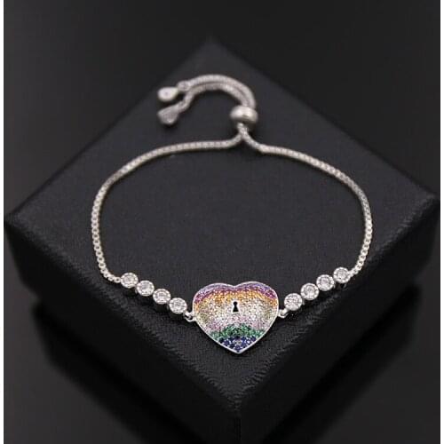 Fashion jewelry copper mosaic full stone box chain can adjust size hollow lock rainbow heart 3D bracelet