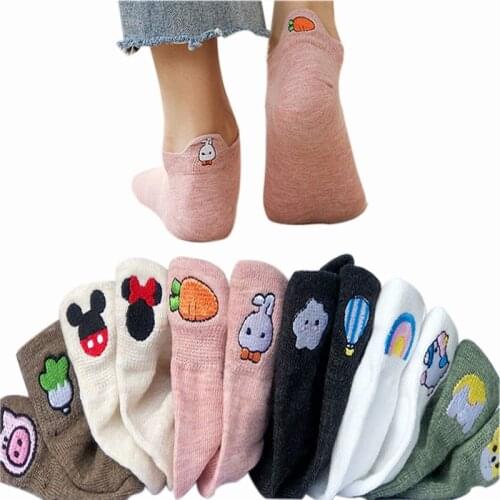 4 Pairs New Embroidery Cotton Women Ankle Socks Ladies Cute Cartoon Animal Low Cut Socks Femme Fashion Casual Soft Short Socks