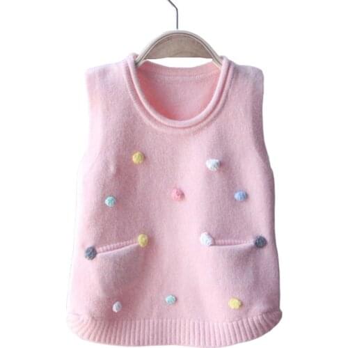 Autumn Girls Knitting Vest Fashion Pom Pom Infant Sweater Vest Baby Girls Clothes Sleeveless Knitwear Vest Jacket BC284