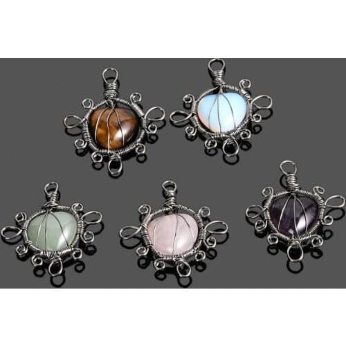 Natural Stone Quartz Crystal Love Heart-shaped Metal Winding Pendant for Charms Jewelry Making Handmade DIY Necklace Accessories