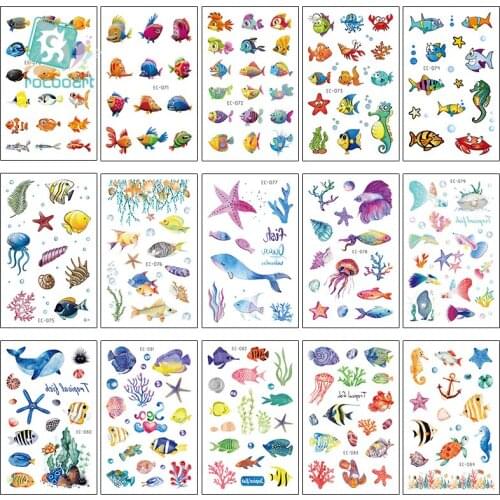 Rocooart 15Pcs Tattoo Sticker Cartoon Tatuajes Temporary Kids Fake Tatoo Taty Tropical Fish Design Body Art Tatouage