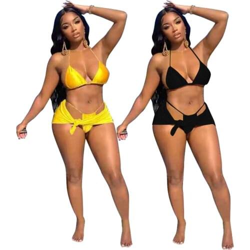 Sexy Solid 3 Piece Bikini Set Vacation Outfits Summer Clothes Lace Up Bra Crop Tops + Mini Skirts +Underpants Beach Tracksuit