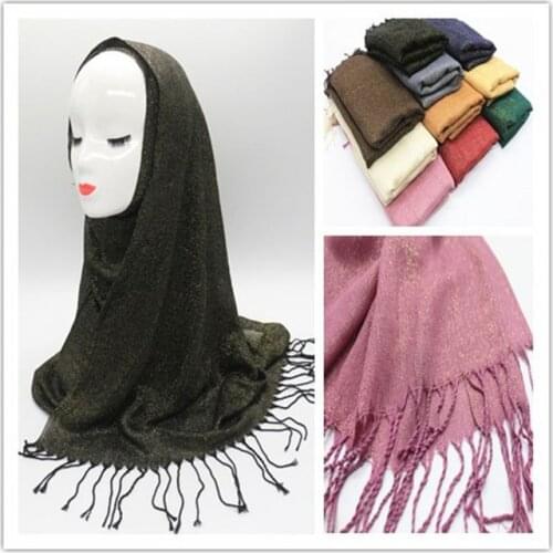 Fashion Plain Viscose Muslim Hijab Tassel Glitter Scarf Women Headband Lurex Long Shimmer Popular Shawl Wrap Headscarf 65*180cm
