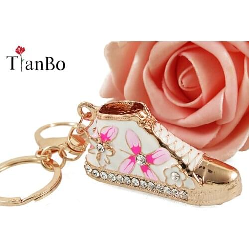 TianBo Exquisite Cute Mini Alloy Crystal Enamel flower Shoe Key Chain Bag Charm Key Ring Key Holder Boot Keychain jewelry