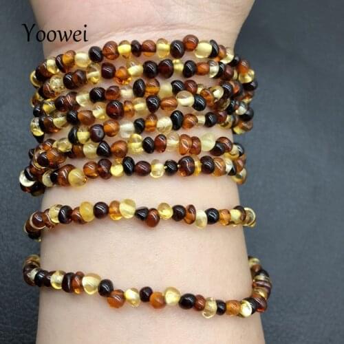 Yoowei 4mm Natural Amber Bracelet for Women Small Beads No Knots Multilayered Sweater Chain Necklace Genuine Long Amber Jewelry