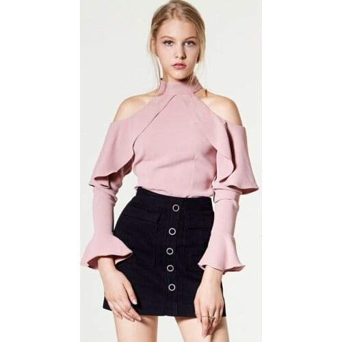 Bella Philosophy spring summer new ruffles halter neck off shoulder flare sleeve chiffon women shirt blouse