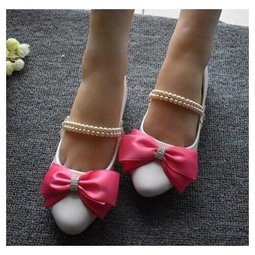 Rose red dark pink bow bowtie flats shoes for woman handmade beading string bead strap bridal bridesmaid bride flower girls shoe