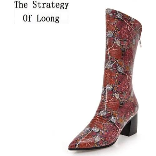 Women Vintage Pointed Toe Thick High Heels Big Size Half Boots New Arrival Winter Lady Retro Plus Size Mid Calf Boots 20180717