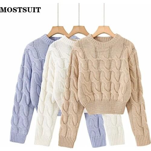 Twisted Knitted Crop Tops Sweater Women Full Sleeve O-neck Short Pullover Solid Vintage Elegant Ladies Jumpers Knitwear 2021