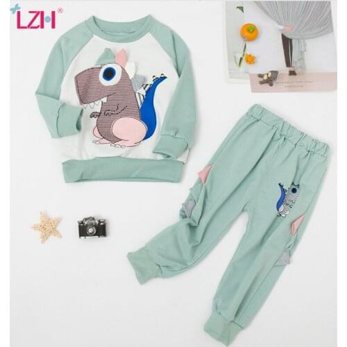 LZH Childrens Clothing 2021 Autumn Kids Baby Boys Girls Dinosaur Printting Long Sleeves Pullover Sports Suit 2Pcs Set 1-5 Years