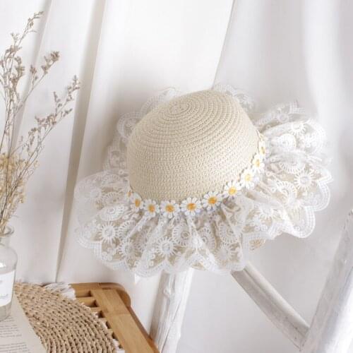Kid Straw Hat 2021 Cute Lace Wide Brim Sun Protection Floppy Beach Cap For Girls Children Panama Hat Kids Sun Cap 2-6 Years