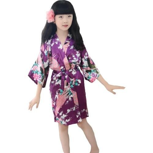 Girls' Bird & Flower Satin Kimono Wrap Sleepwear Peacock Purple Robe Bathrobe Short